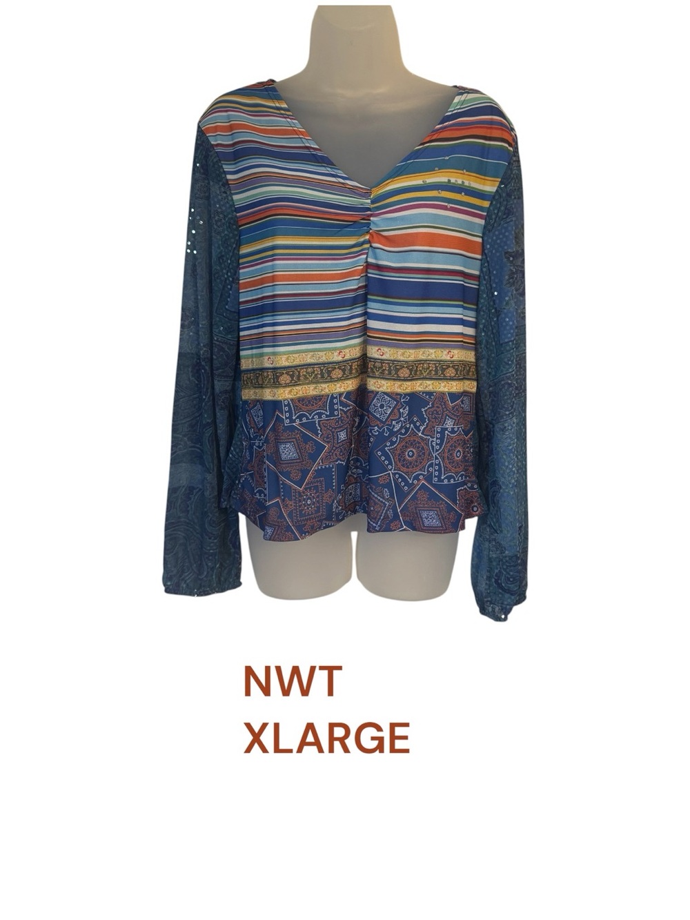 Striped & Paisley Mixed-Print Long-Sleeve Top - Blue Multicolor